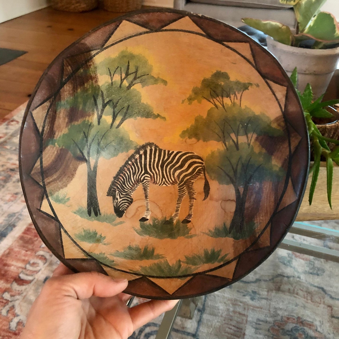 Vintage Wooden Hand Carved African Safari Bowl, Hand Painted Zebra Dish
