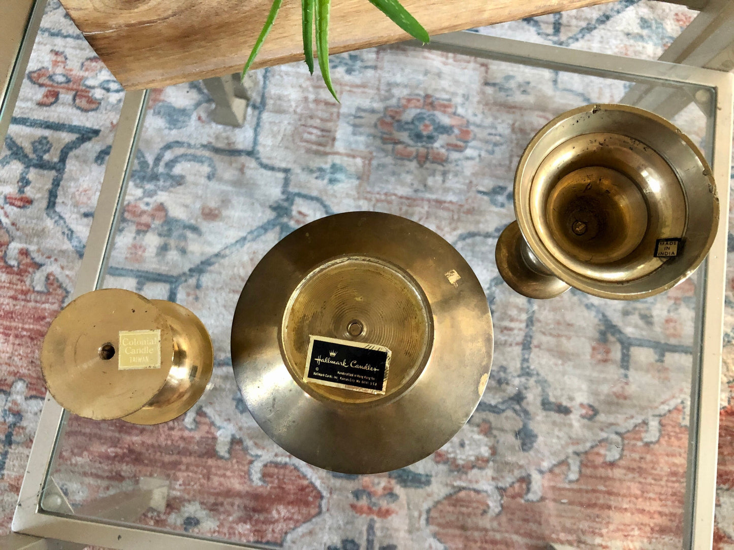 Vintage Grouping of Three Brass Gold Candlesticks, Different Heights, Solid Brass