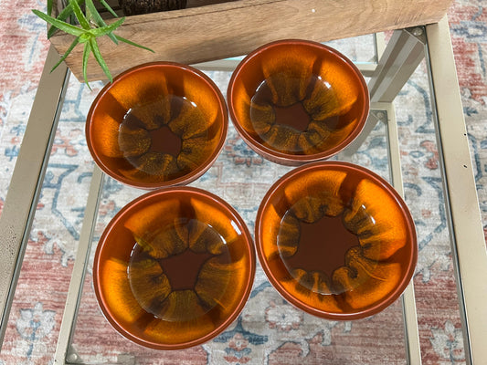 Vintage set of 4 Sequoia 613-B USA Pottery Bowls, Ceramic Mid Century California Pottery, Orange/Brown Retro Serve Ware, Walnut Shell Bowls