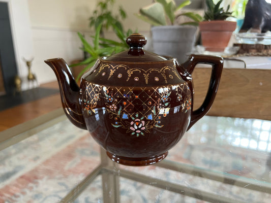 Vintage Japan Redware Teapot, Ceramic Royal Hand Painted Brown Tea Pot