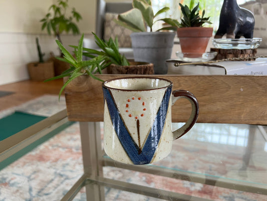 Vintage Coffee Tea Mug, Speckled Retro Cup, Floral Blue & Orange Motif Design