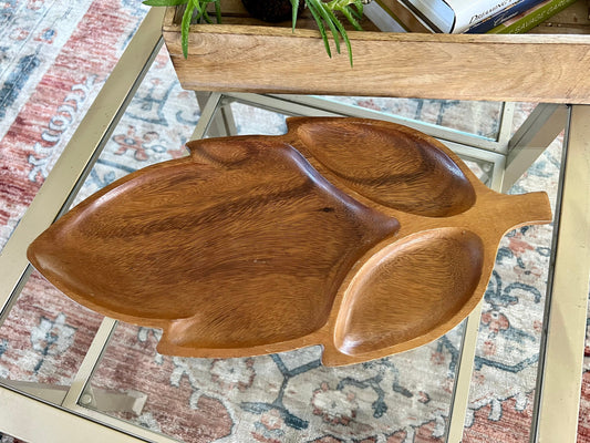 Vintage Leaf Wood Serving Tray, Divided Wooden Dish Bowl 18" Mid Century