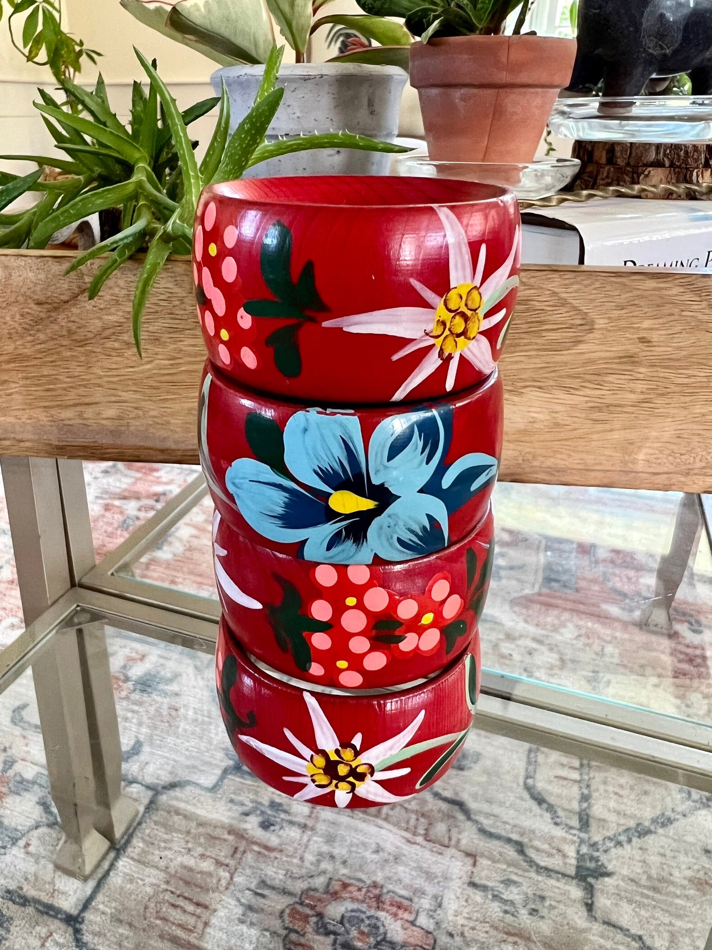 Vintage Wooden Hand -painted Flower Napkin Rings | Red with Pink, White & Blue Flower Napkin Holders | Set of 4