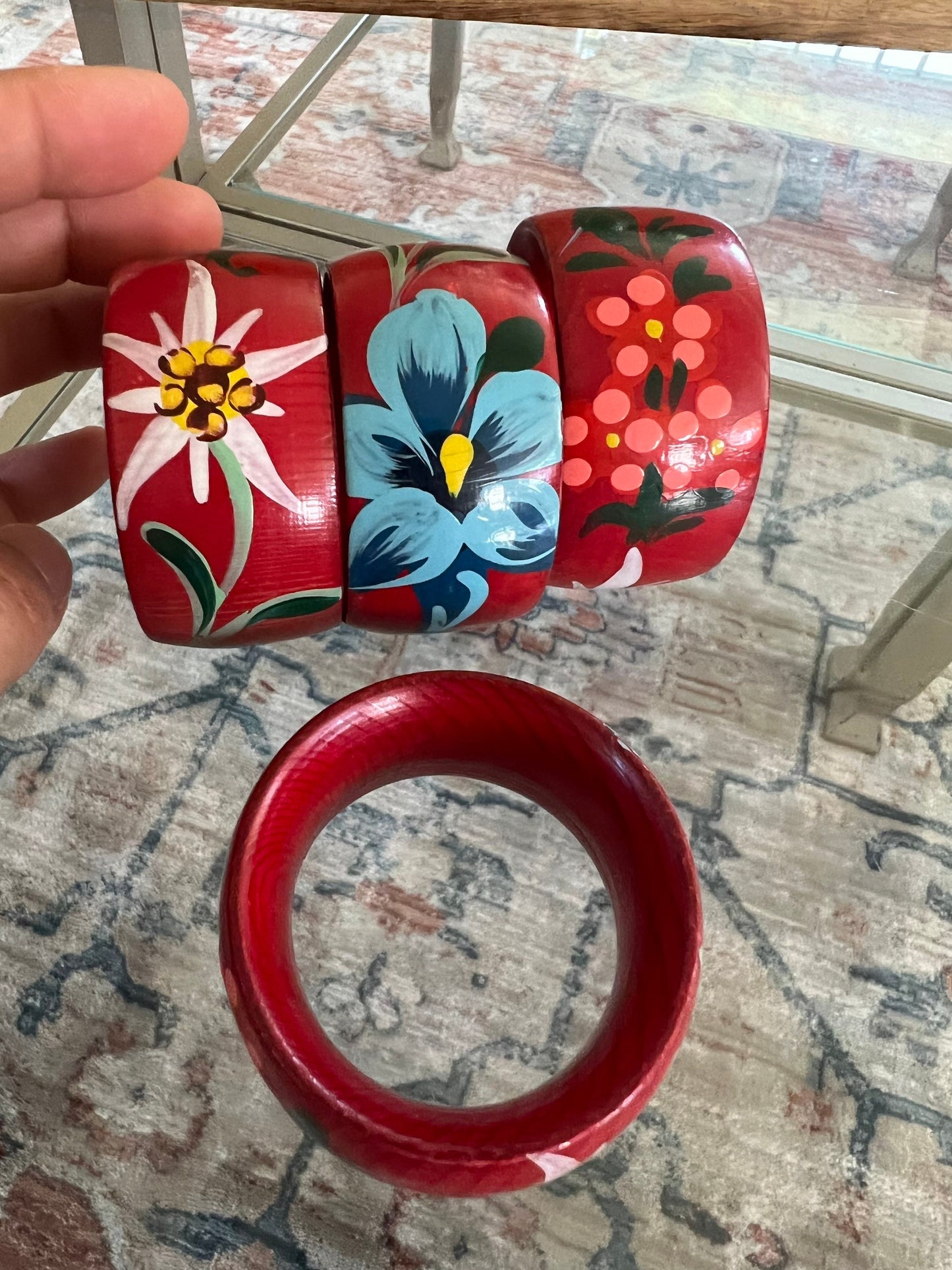 Vintage Wooden Hand -painted Flower Napkin Rings | Red with Pink, White & Blue Flower Napkin Holders | Set of 4