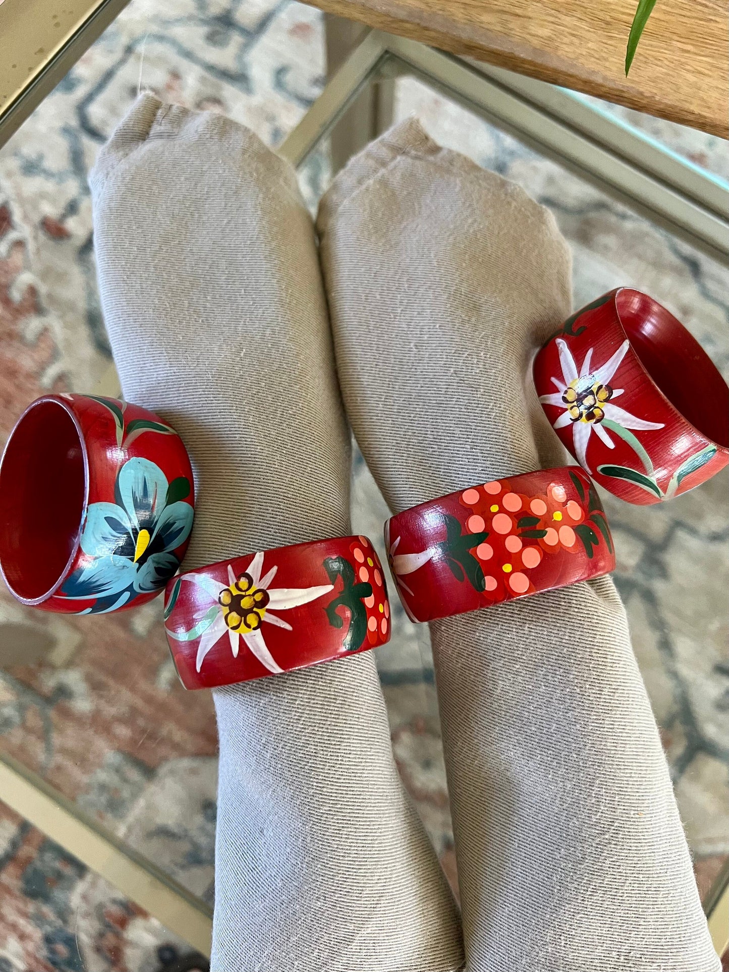 Vintage Wooden Hand -painted Flower Napkin Rings | Red with Pink, White & Blue Flower Napkin Holders | Set of 4