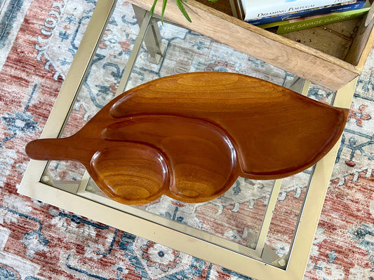 Vintage Leaf Wood Serving Tray, Divided Wooden Dish Bowl 22" Mid Century
