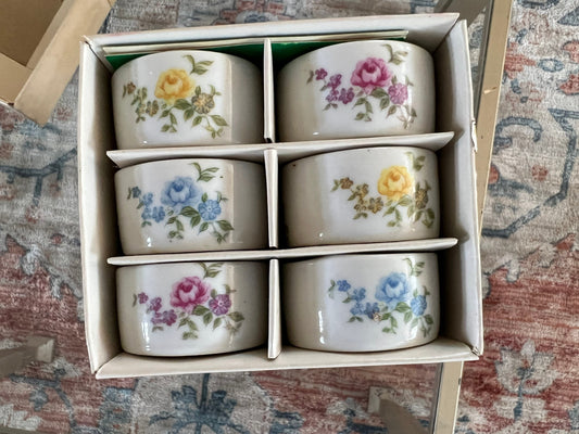 Vintage Porcelain Shafford Japan Flower Napkin Rings | Pink, Blue, Yellow Flower Napkin Holders | Set of 6