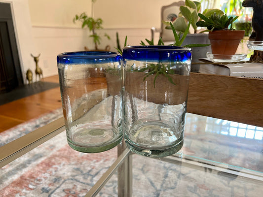 Vintage Mexican Hand Blown Cobalt Blue-Rimmed Glasses / Juice Water Glass