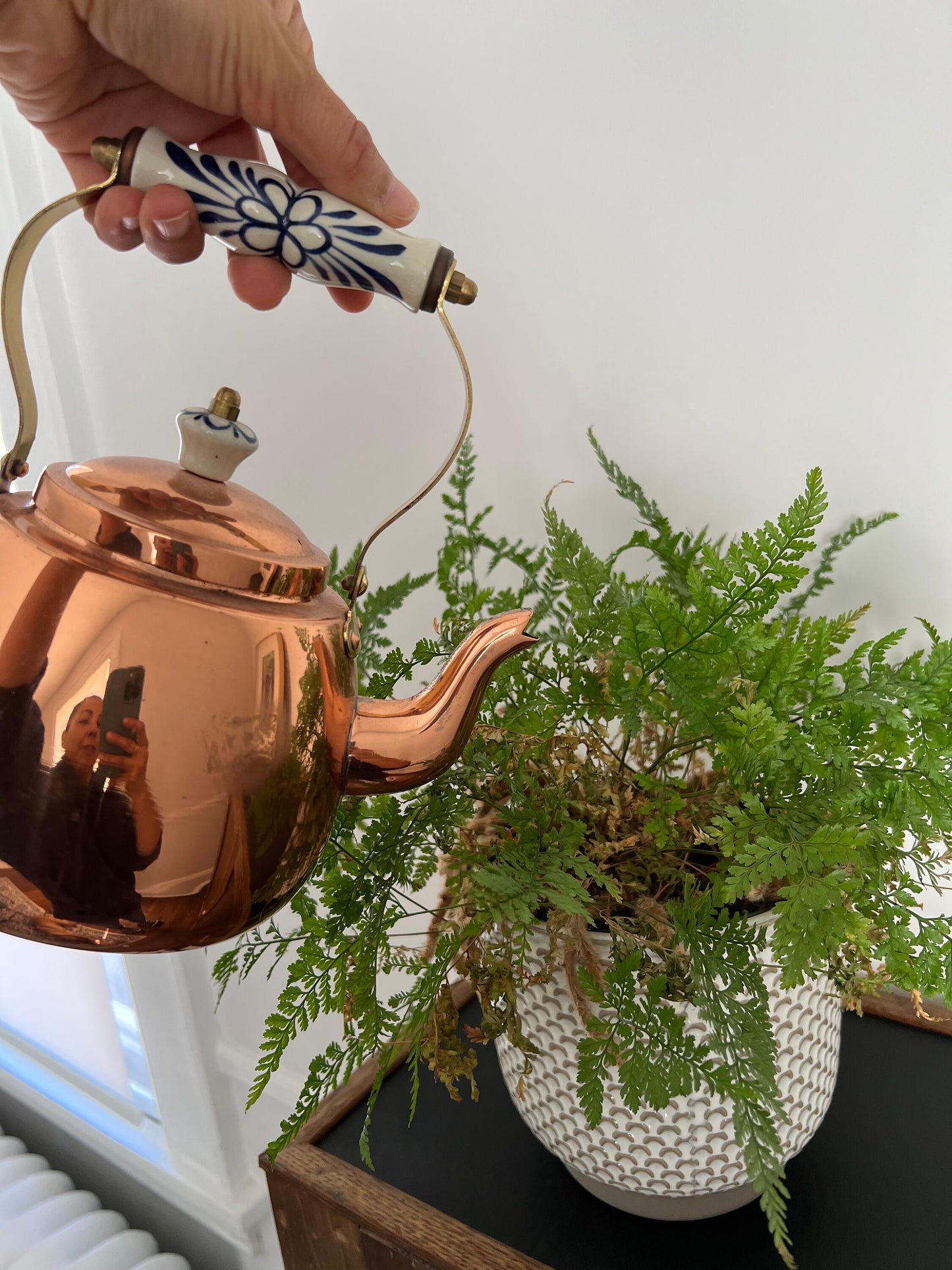 Vintage Copper Tea Kettle, Portugal Copper Teapot with Ceramic Details, Country Cottage Tea Kettle, Kitchen Coffee Pot