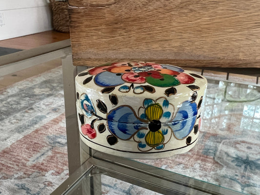 Vintage Lacquered Floral Wooden Box, Hand Painted Ring Box, Small Jewelry Box, Trinket Holder, Catch All