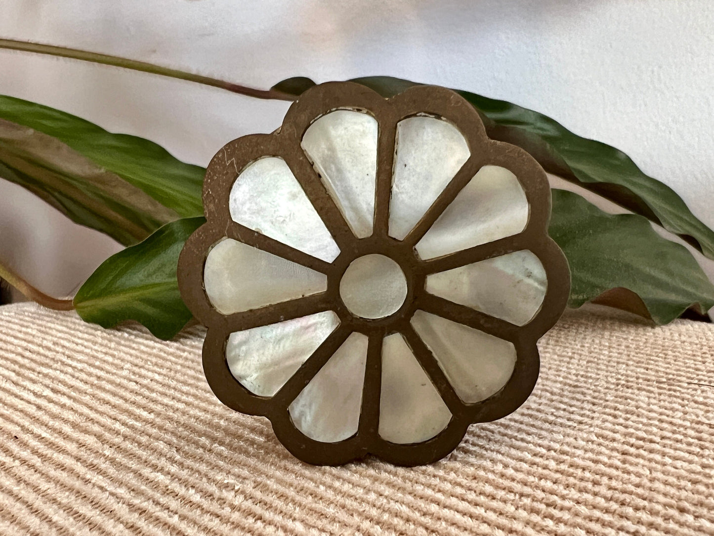 Vintage Brass and Mother of Pearl Jewelry Box, Pill Box, Ring Box, Floral Shape