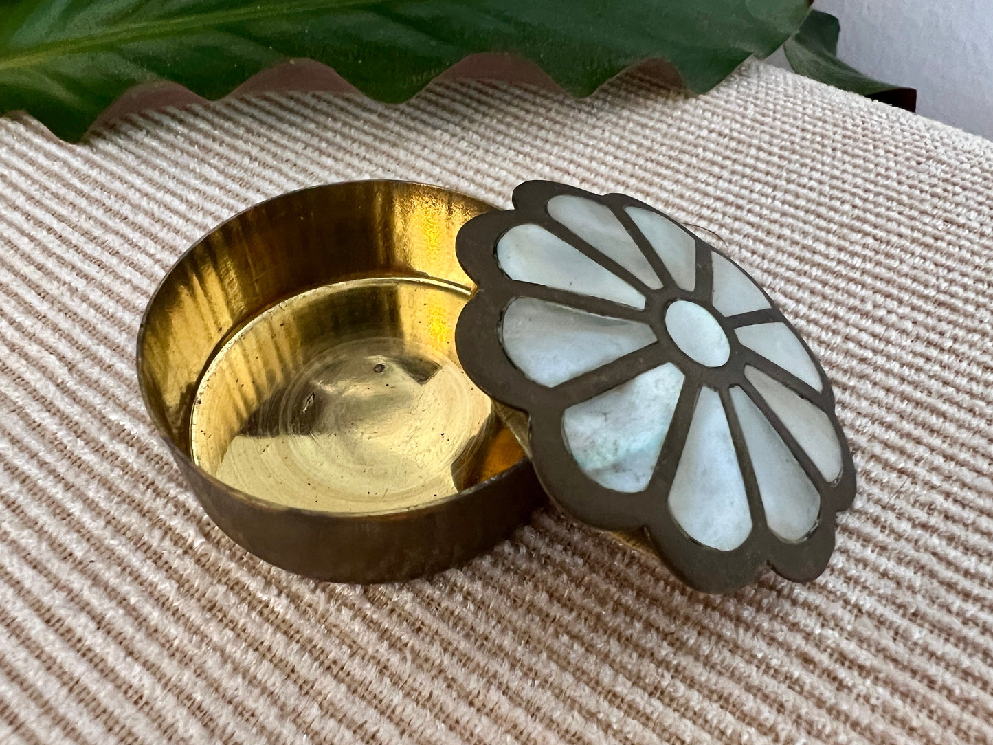 Vintage Brass and Mother of Pearl Jewelry Box, Pill Box, Ring Box, Floral Shape