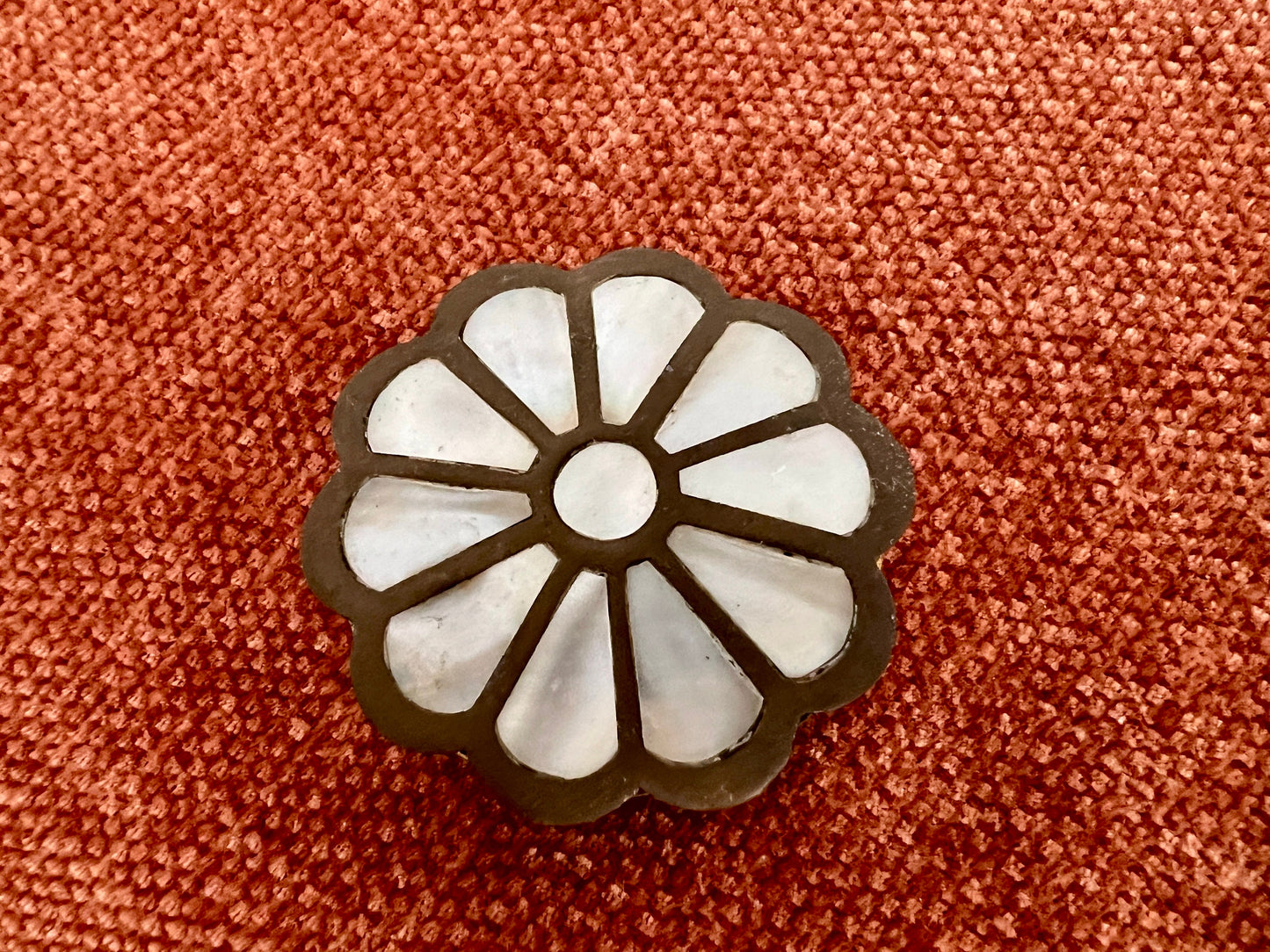 Vintage Brass and Mother of Pearl Jewelry Box, Pill Box, Ring Box, Floral Shape