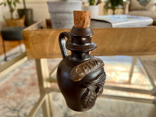 Vintage Calvados Pottery Brandy Bottle Jug with Cork Top, French Country Stoneware, Sculpted Earthenware
