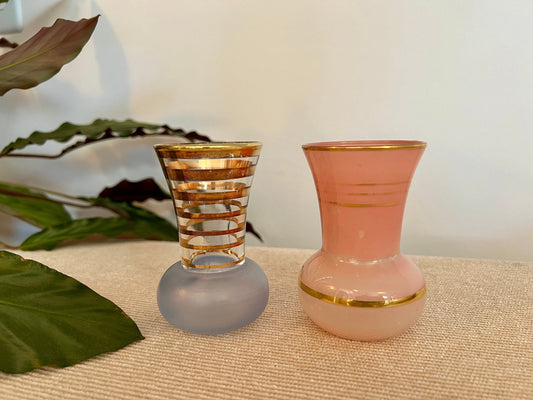 Pair of Mid-Century Modern Bohemian Hollywood Regency Glass Vases, Gold & Pink, Blue Stripped Vases