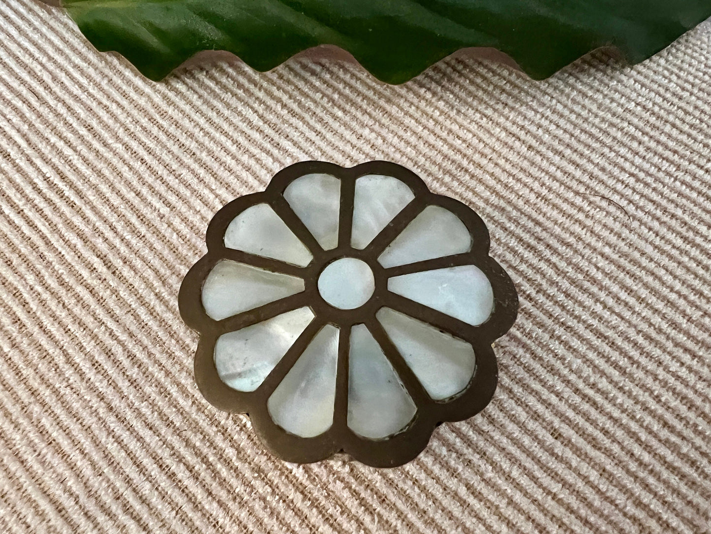 Vintage Brass and Mother of Pearl Jewelry Box, Pill Box, Ring Box, Floral Shape