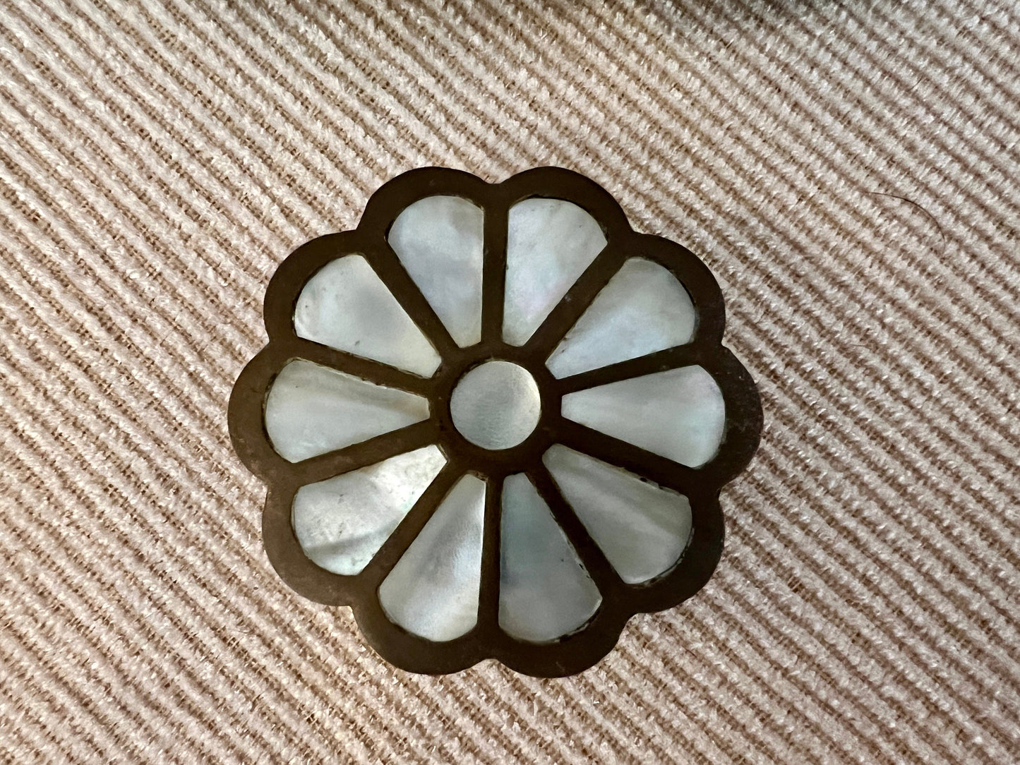 Vintage Brass and Mother of Pearl Jewelry Box, Pill Box, Ring Box, Floral Shape