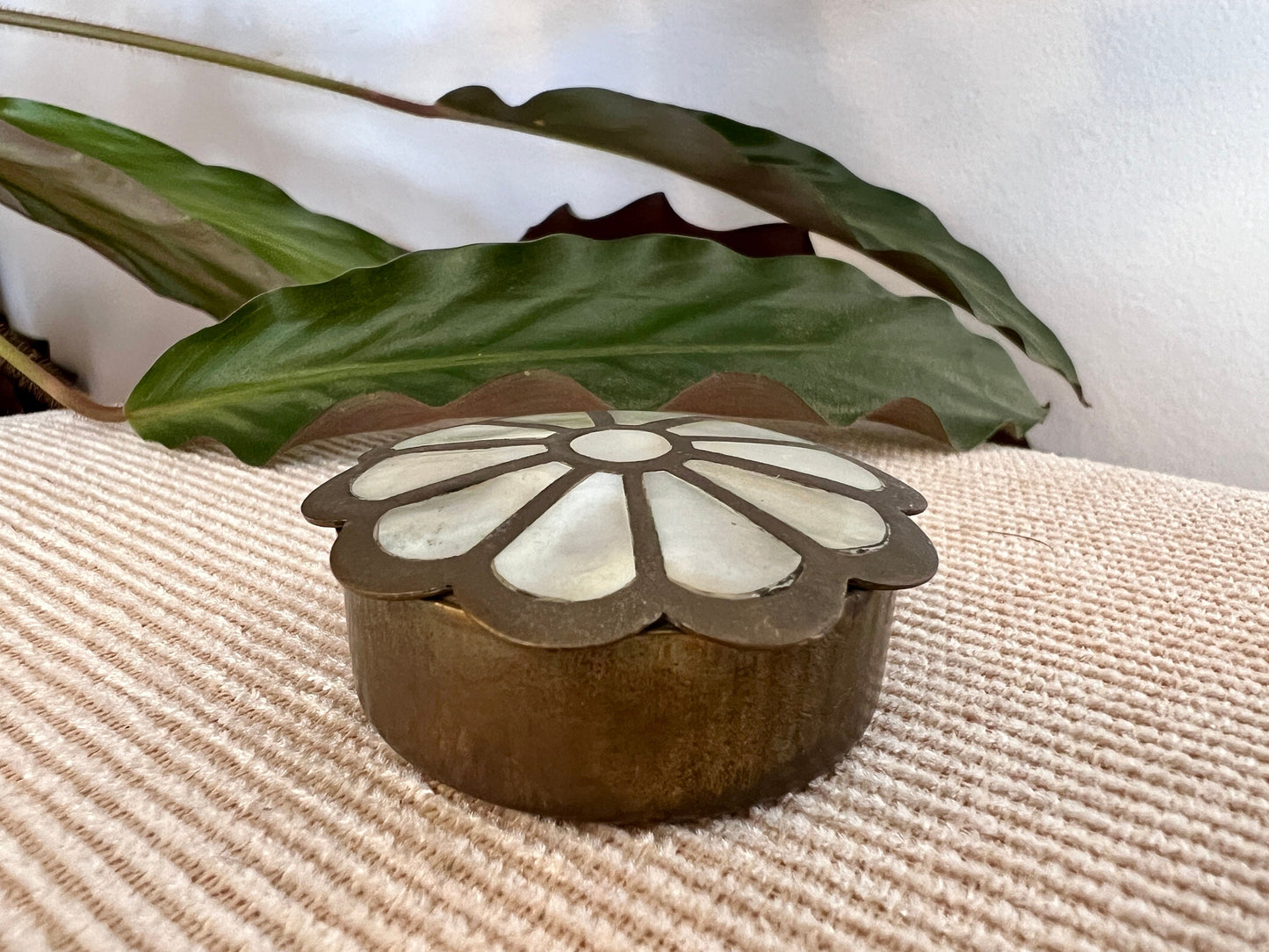 Vintage Brass and Mother of Pearl Jewelry Box, Pill Box, Ring Box, Floral Shape