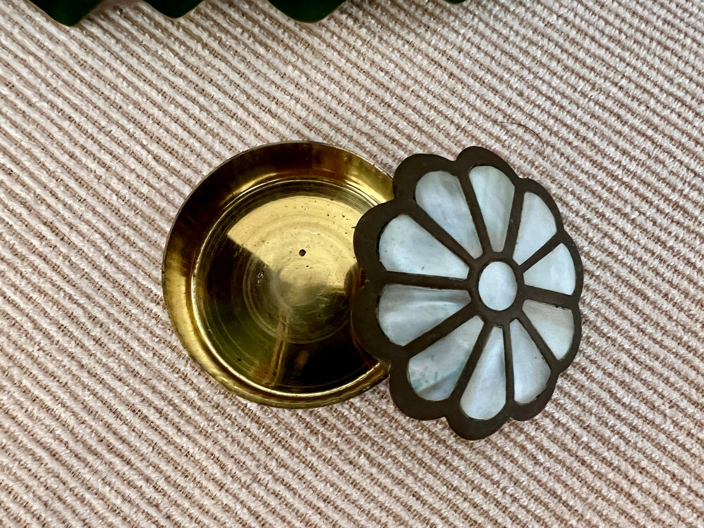 Vintage Brass and Mother of Pearl Jewelry Box, Pill Box, Ring Box, Floral Shape