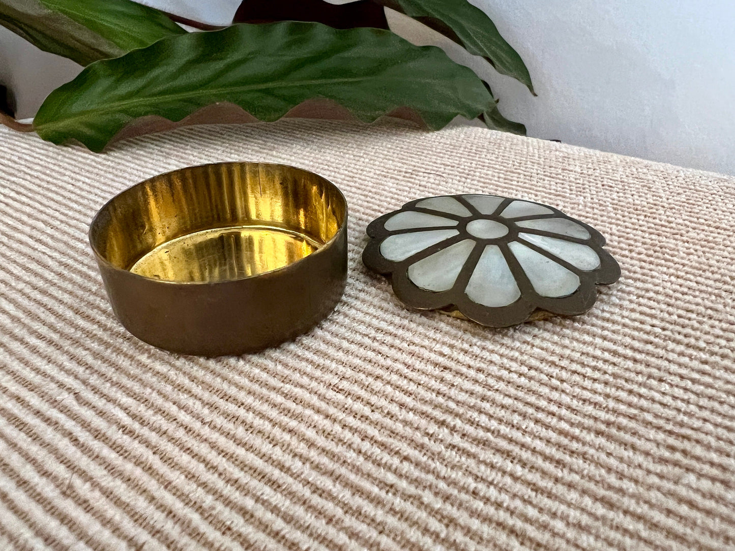 Vintage Brass and Mother of Pearl Jewelry Box, Pill Box, Ring Box, Floral Shape