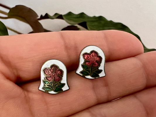 Vintage Bell-Shaped Floral Enamel Stud Earrings