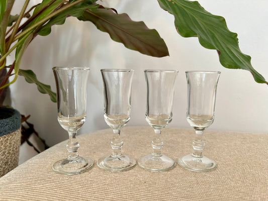 Vintage Set of 4 Footed Shot Glasses, Fancy Barware, Clear Glass Shot Flutes, Drinkware, MCM Barware