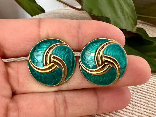 Teal & Gold Clip-on Earrings, Chunky Swirl Design, Modernist Art Deco Costume Jewelry, 90s Statement Swirl Earrings