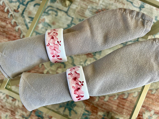 Pair of Ceramiche D'arte Gandria Napkin Rings, Pink Floral Napkin Holders, Hand Painted Ceramic Napkin Rings