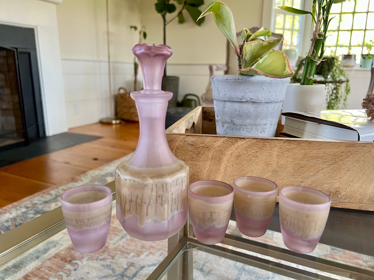 Vintage France Glass Decanter Set, Pink Purple Frosted Sake Pitcher with Top, Shot Glasses, Liquor Bottle Mid Century, Bar Accessories