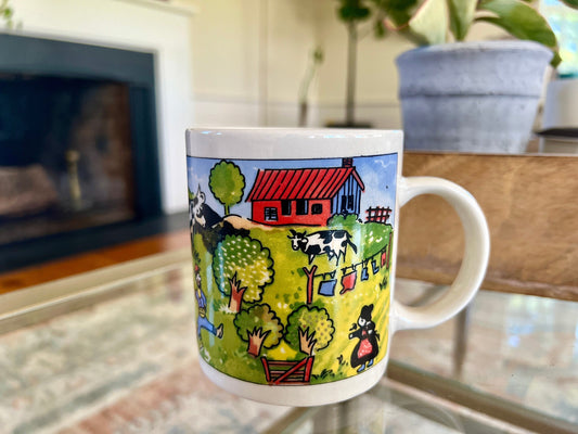 Gibson Cottage Mug Cute Country House Design, Gibson Greetings Small Farm, Orchard, Ducks, Cows, Farmer, Country House