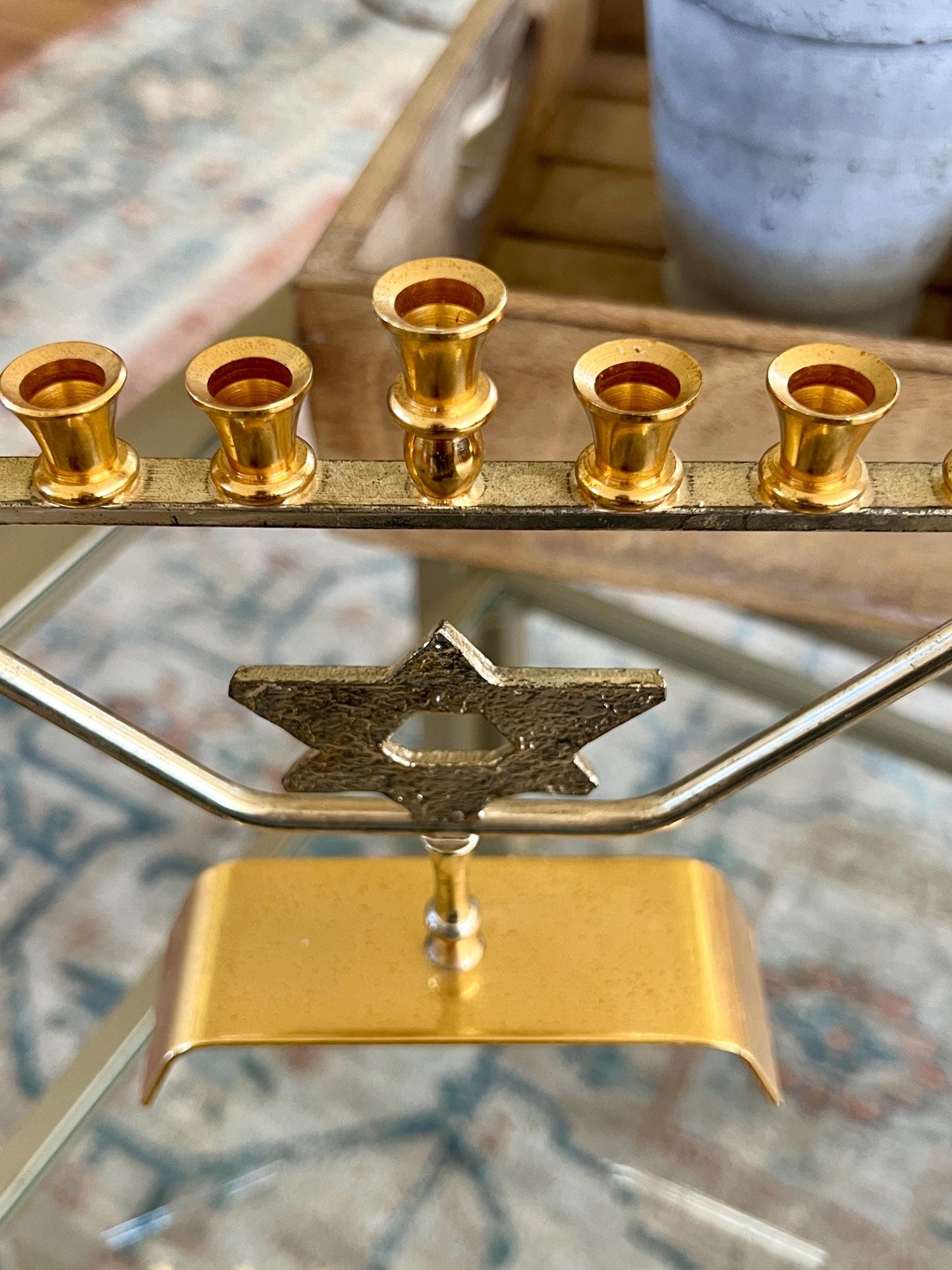 Vtg Mid Century kar shi Judaica Brass Menorah, Silver and Gold Plated, Footed Jewish Candle Holder, Jerusalem