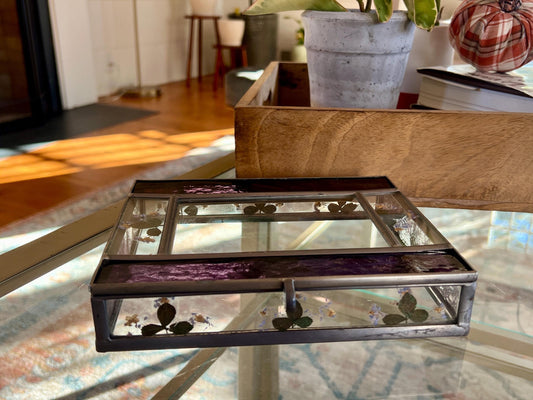 Handcrafted Pressed Flowers Mirrored Jewelry Box with Picture Frame Insert, Trinket Stained Glass Box