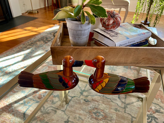 Vintage Hand carved Mallard Duck Figurines, Brightly Colored Decoys, Mid-Century Modern Solid Wood Mallards, Korean Wedding Ducks- Handmade