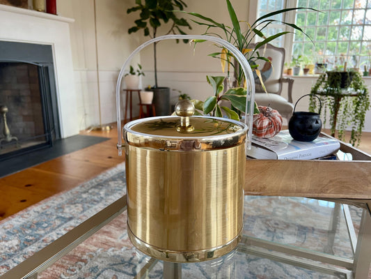 Insulated Ice Bucket with Lid and Handle, Shiny Gold Tone Vintage Barware Tool, Wine Cooler, Large Handled Container, Mid Century Modern