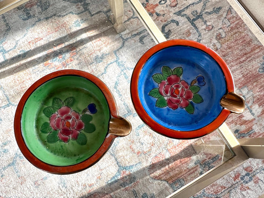 Vintage Set of Hand Painted Floral Ash Trays, Small Round Ring Dish, Trinket Bowl, Ashtray, Japan