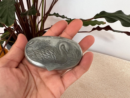 Vintage Pewter Swan Stash Box, Jewelry Box, Pill Box, Ring Box, Silver Bird Scene Hinged Container, Oval Container, Mini Box