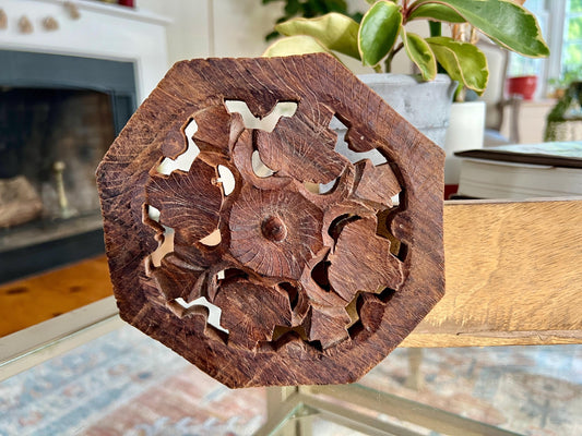 Vintage Carved Wooden Trivet, Footed Plant Stand, Floral Design Wood Carving, Boho, Octagon