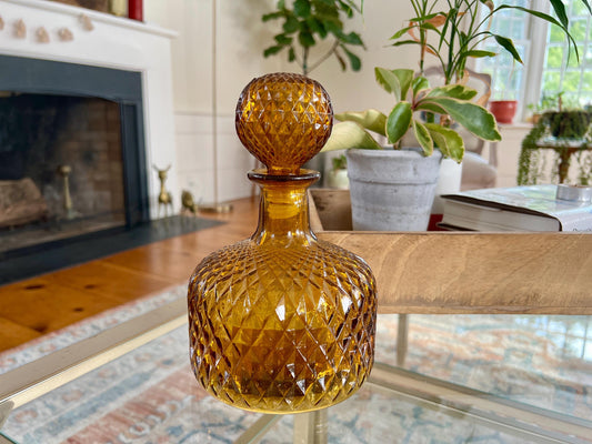 Vintage Yellow Decanter Bottle and Stopper, Collectible Decanter, Amber Glass Liquor Bottle, Barware, Wine, Round Design, Round Stopper