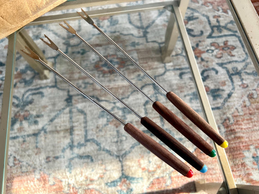 Vintage 4 Piece Set of Fondue Forks, Wooden Handle Marked Forks, Retro Flatware, Mid Century Modern, Japan, Stainless Steel Skewers