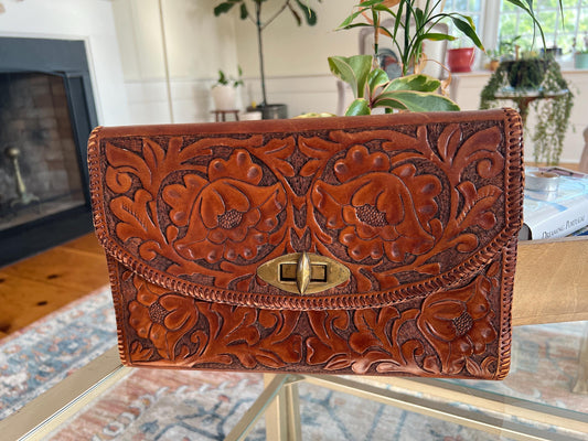 Vintage Tooled Leather Clutch, Large Hand Bag, Purse, Brown Leather, Floral Design Leather, Hand Tooled, Country, Western