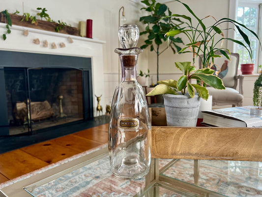 Mid-Century Modern Bohemian Hollywood Regency Crystal Whisky Decanter Bottle with Top, Glass Liquor Bottle, Whiskey