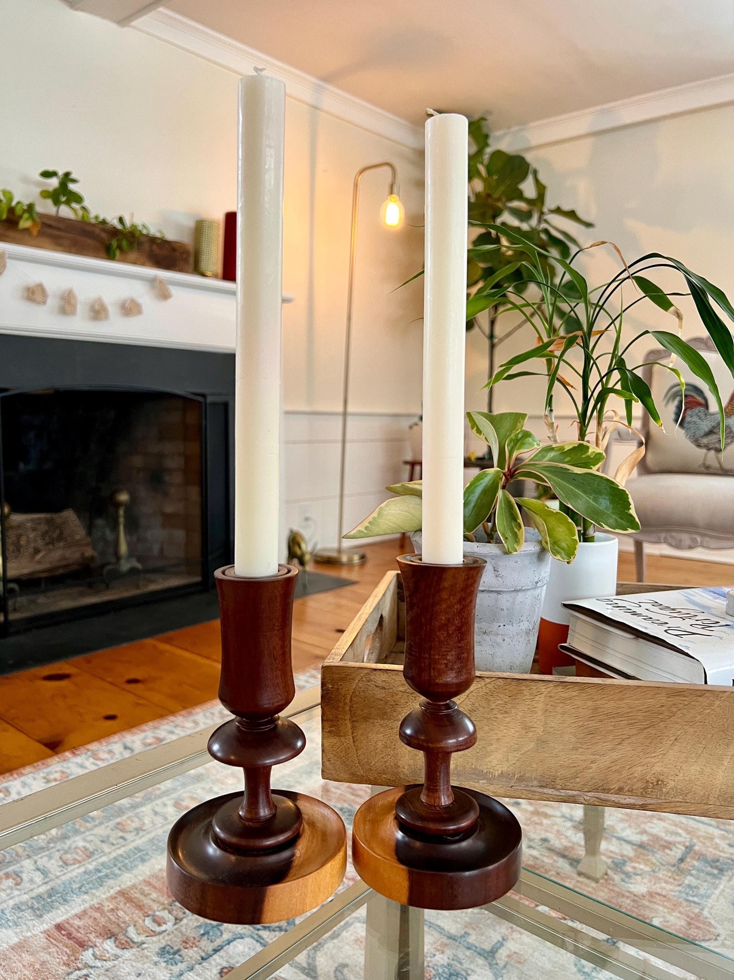 Pair of Vintage Wooden Candle Sticks, Hand Carved Tulip Shaped Candle Holders, MCM, Olive Wood, Treenware, Taper Candlesticks, Danish Modern