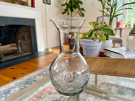 Vintage Crystal Glass Pitcher with Styled Silver Plated Handle, Crystal Cut Glass Pitcher, Etched Glass Water Pitcher