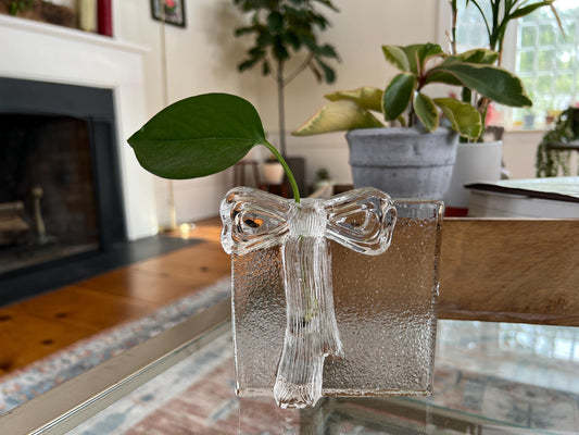 Ribbon Vase with Bow, Two's Company Crystal Block Vase, Single Flower Bud Vase, Art Glass, Hand Blown Vase or Candle Holder, Vintage Art