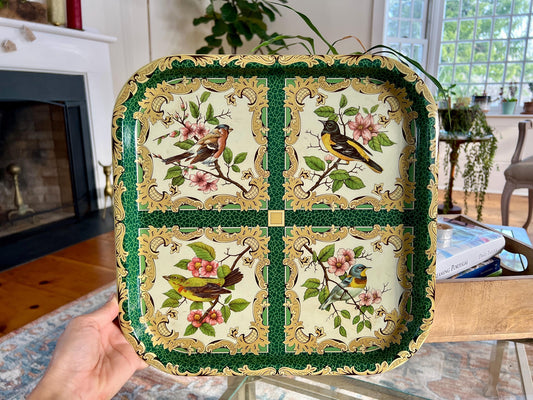 Vintage Daher Decorated Ware Square Floral Tin With Birds Designed By Daher, Long Island-N.Y. 11101 Made England