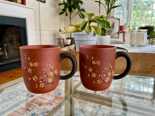 Pair of Vintage Chinese Yixing Handmade Red Brown Clay Tea Mugs, YI XING Blossoms on Branches, Artist Signed