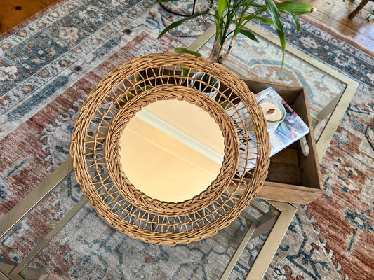 Vintage French Rattan Bamboo Wicker Pineapple Mirror, Old Retro 60 Natural Wood Handmade Mirror, Boho Chic Bohemian, Decorative Wall Hanging