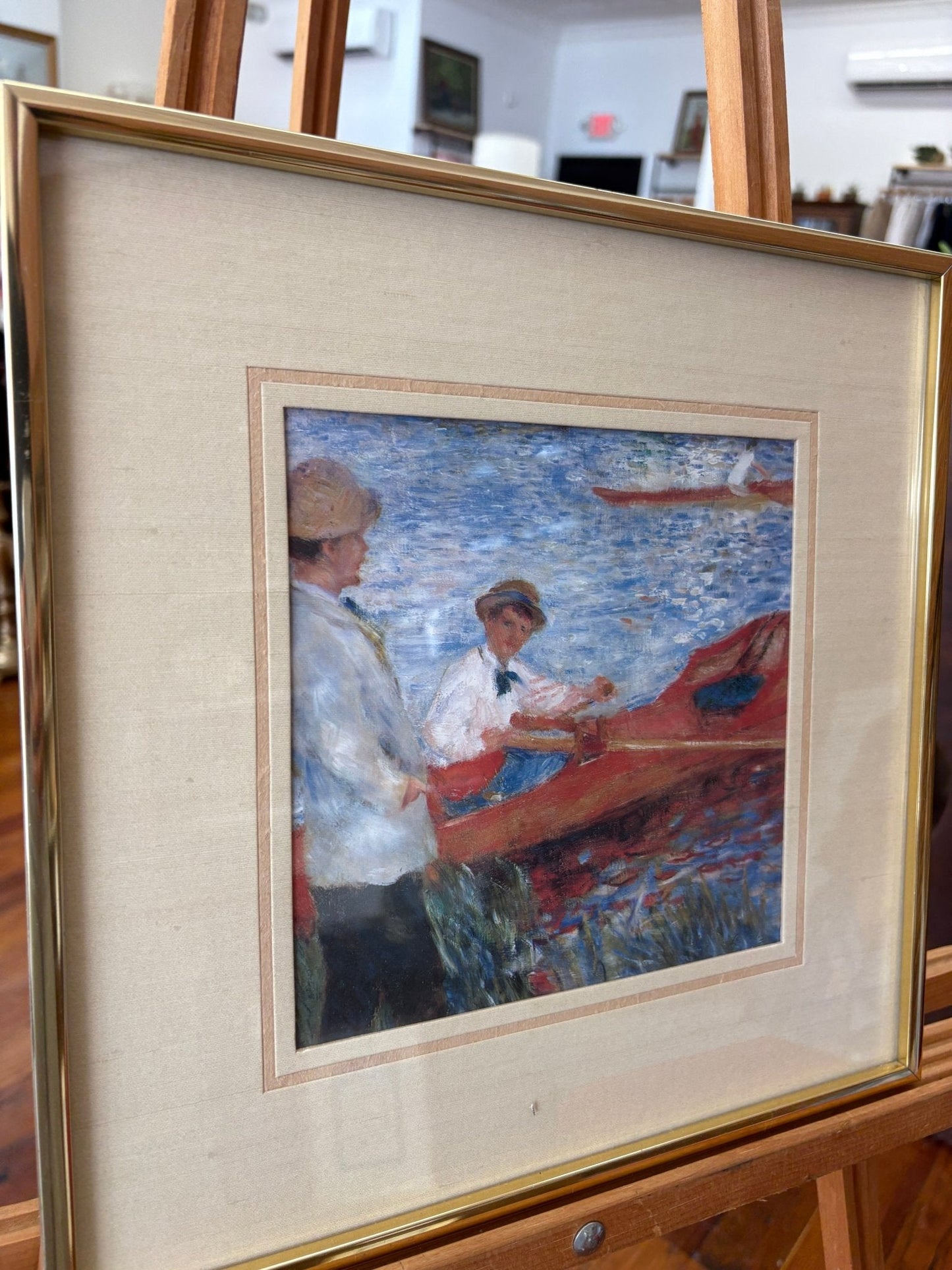 Impressionist Boating Scene Print — Monet Style, Gold Metal Frame, 12" x 12" Framed - Loom Vintage