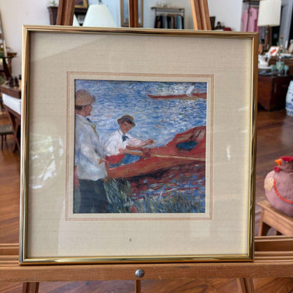 Impressionist Boating Scene Print — Monet Style, Gold Metal Frame, 12" x 12" Framed - Loom Vintage