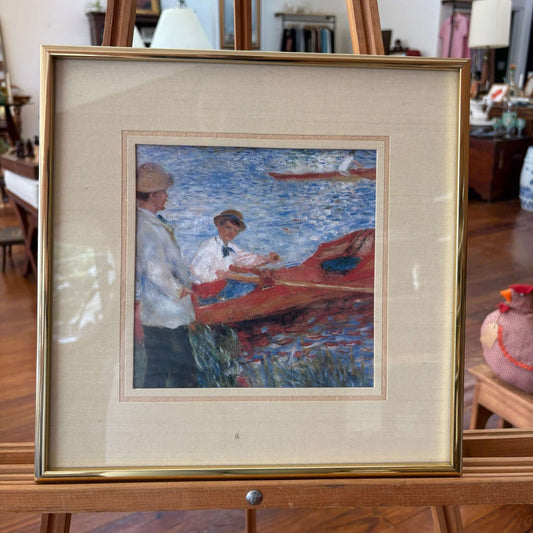 Impressionist Boating Scene Print — Monet Style, Gold Metal Frame, 12" x 12" Framed - Loom Vintage